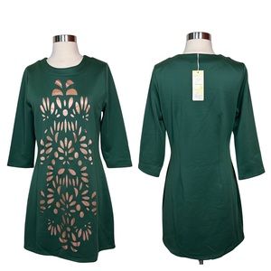Aryeh Lasercut Scuba Knit 3/4 Sleeve Fit And Flare Green Tan Mini Dress M NWT